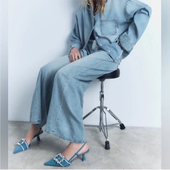 Women's Zara Denim Slingback Heels with Crystal Embellishment - Picture 5 of 12